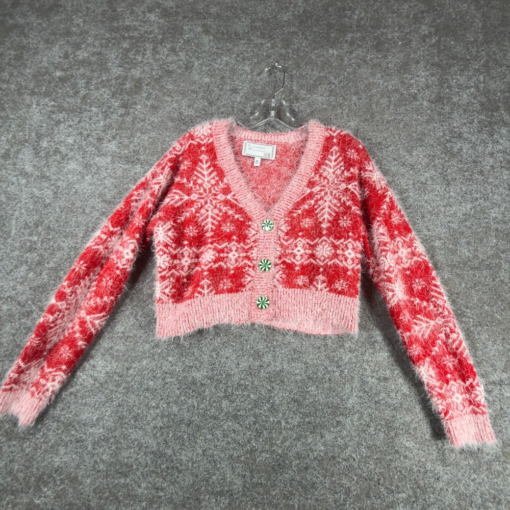 Derek Cardigan Sweater Womens M Red Snowflake White Faux Fur Christmas Holiday